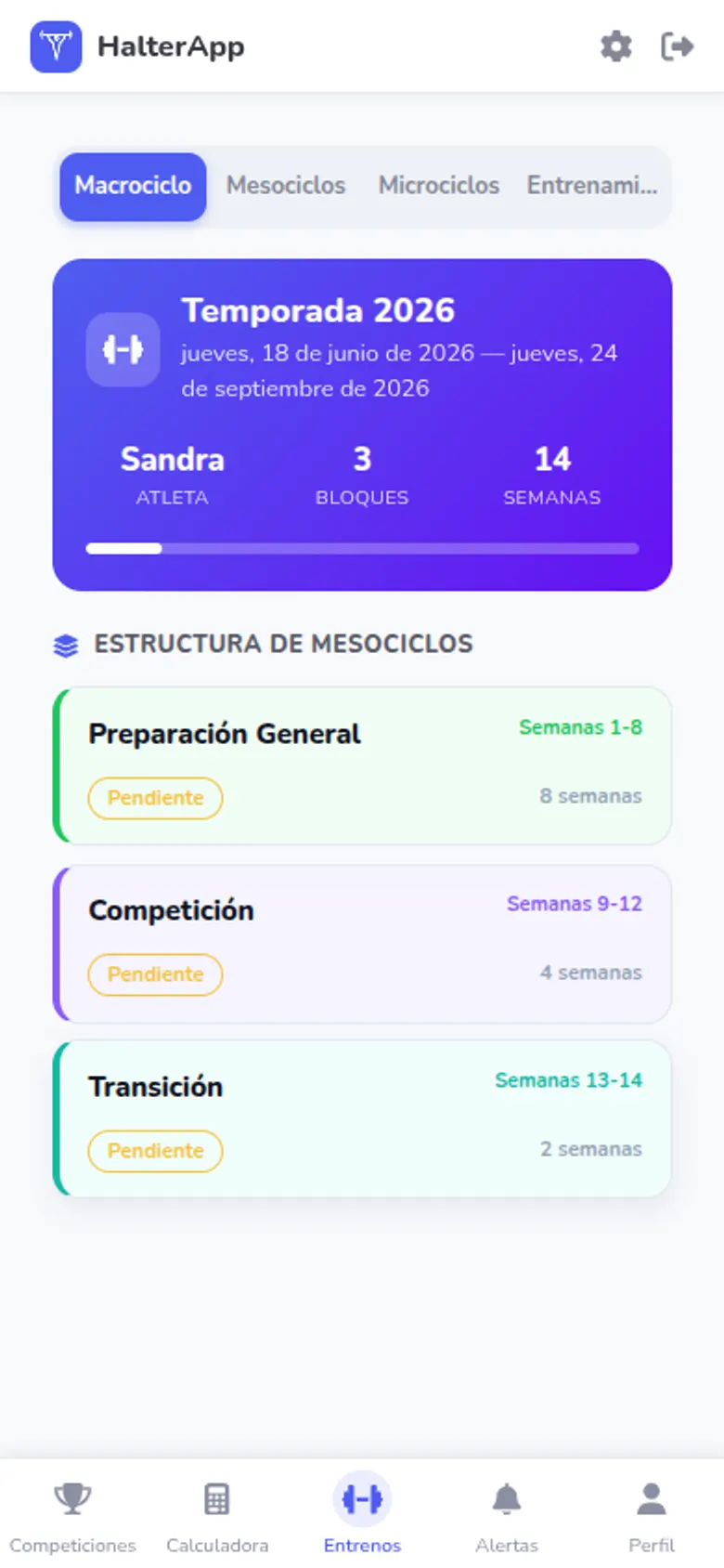 Pantalla de entrenamientos con el macrociclo y los mesociclos